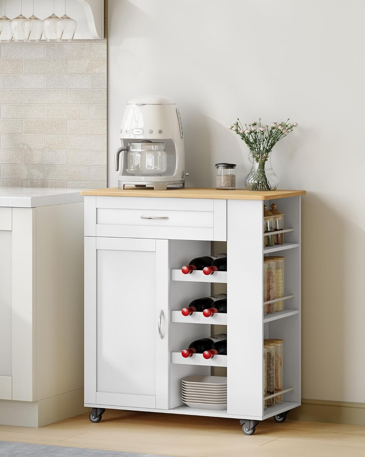 White Rolling Kitchen Island Cart Wine Rack Drawer Shelves