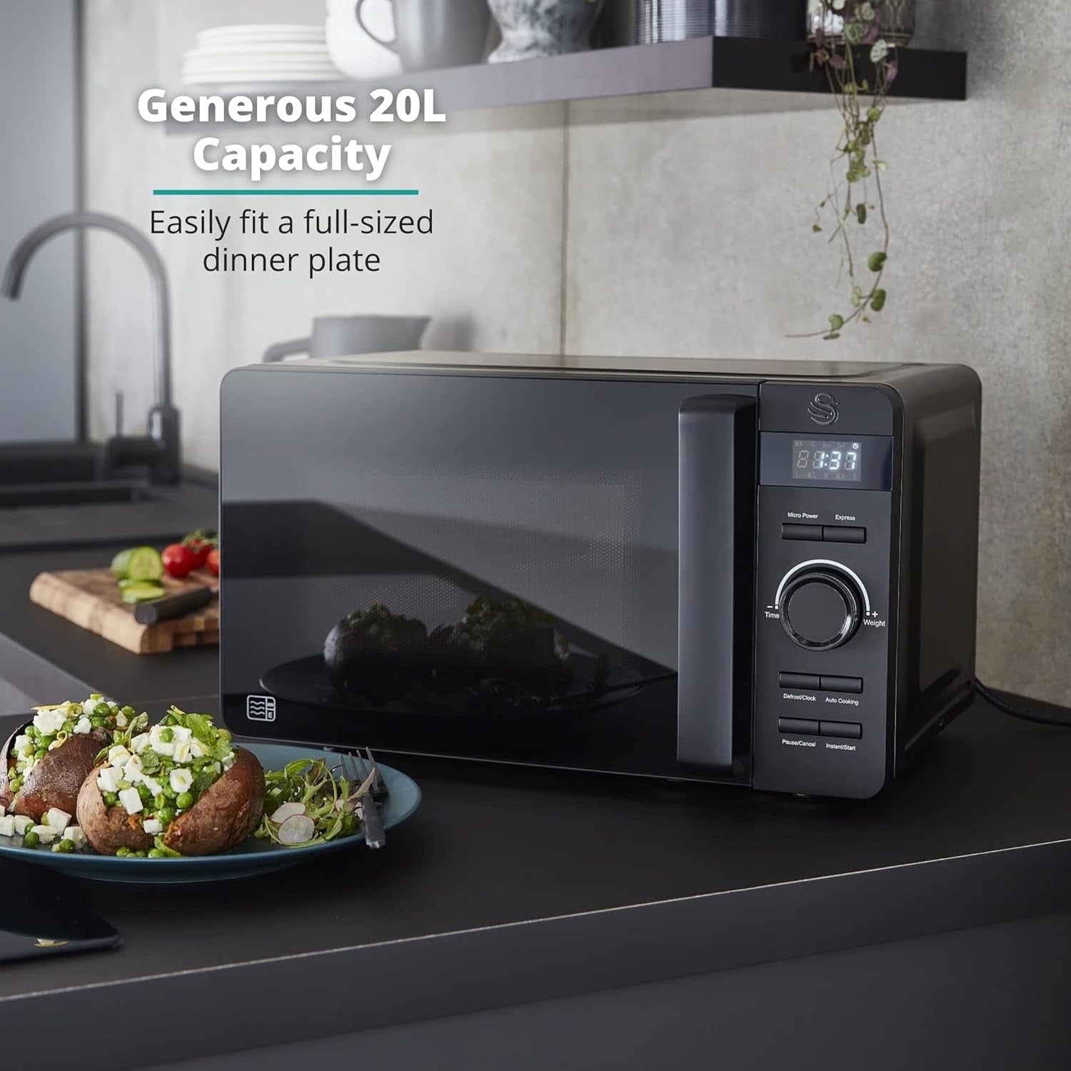 20L Digital Microwave 800W LED Defrost Glass Turntable Matte Black