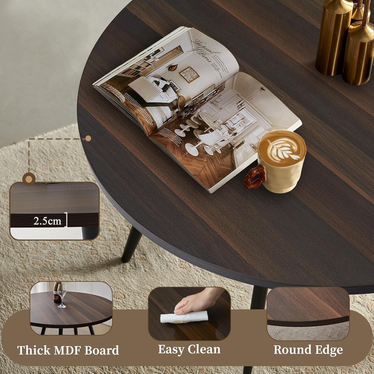 Round Dark Walnut Dining Table Set with 2 Black Faux Suede Chairs Kitchen