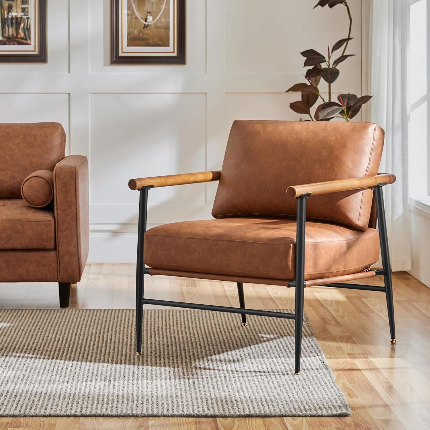 Retro Brown Faux Leather Lounge Chair Comfy Armchair Metal Frame Seat