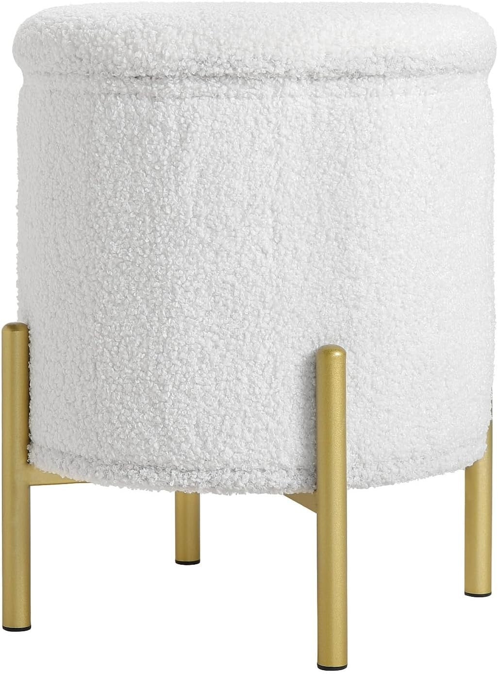White Teddy Fleece Ottoman Stool with Storage Round Folding Seat 41cm