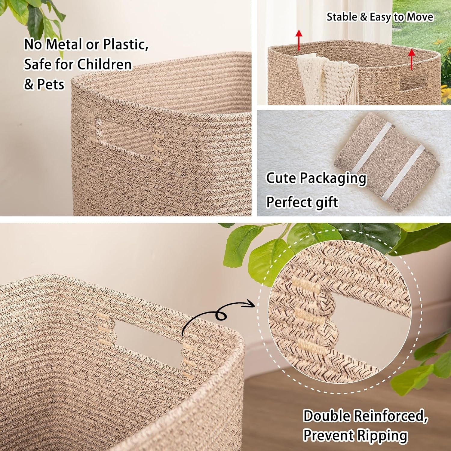 Large Woven Laundry Basket with Handles 16x13x22in Cotton Storage Hamper