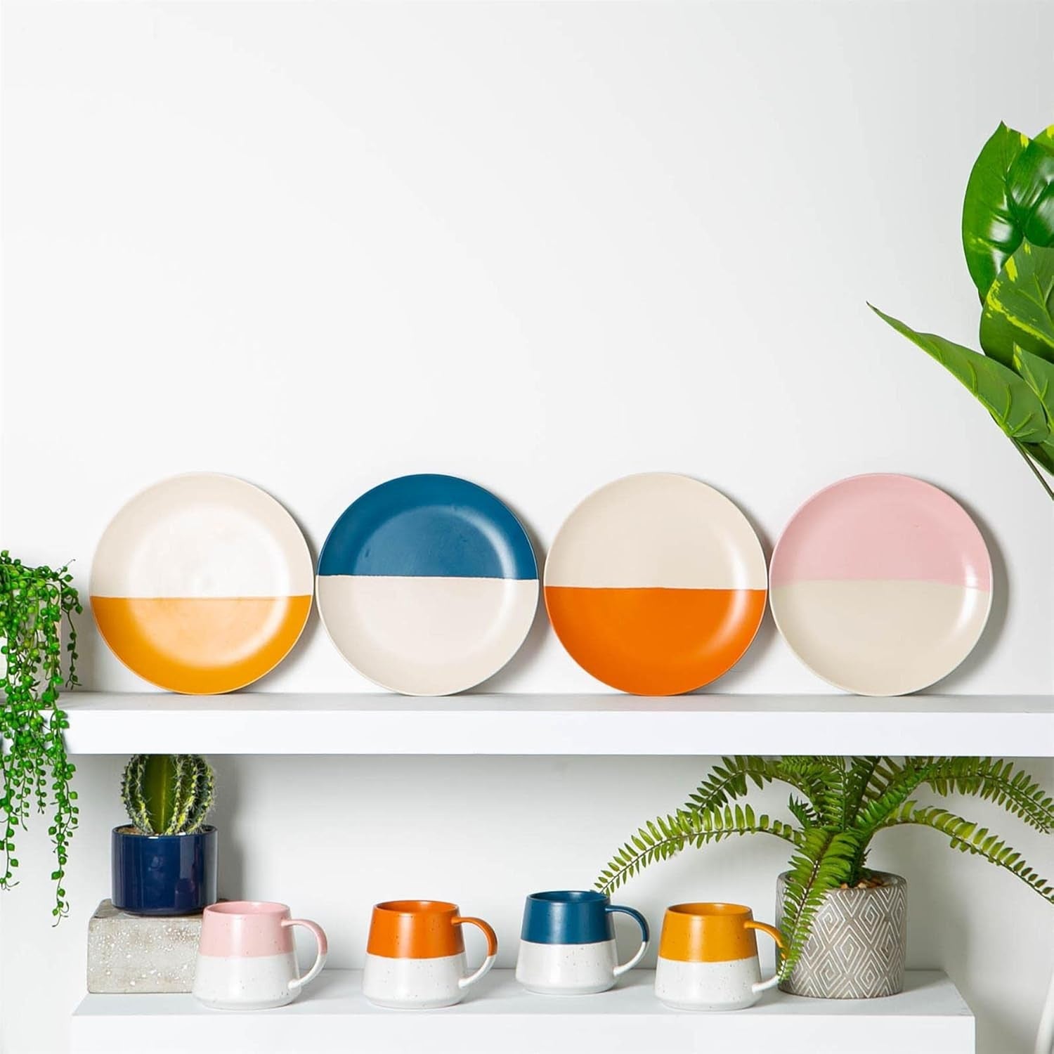 8pc Ceramic Plates & Coffee Mug Set Two Tone Dinnerware Service for 4