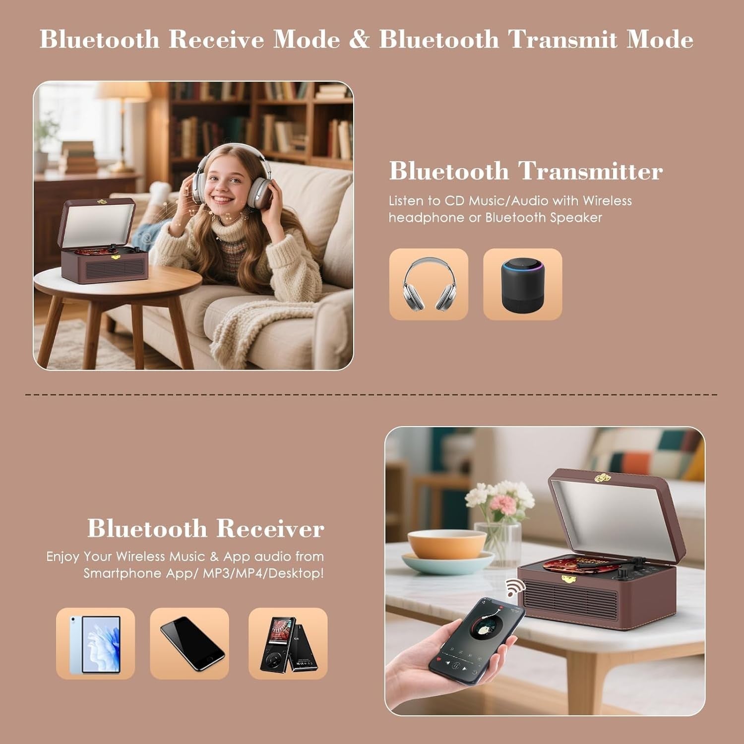 Retro Bluetooth CD Player FM Radio USB AUX HiFi Speakers Brown PU