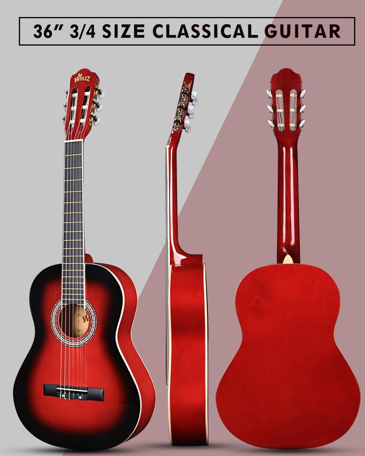 3/4 Classical Guitar 36in Kids Nylon String Starter Kit Red