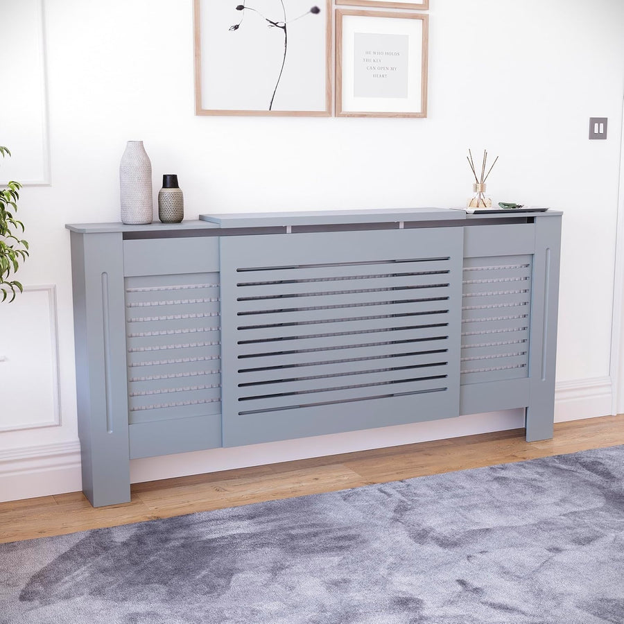 Adjustable Grey Radiator Cover 195x80x16cm Modern MDF Slatted Heating Cabinet