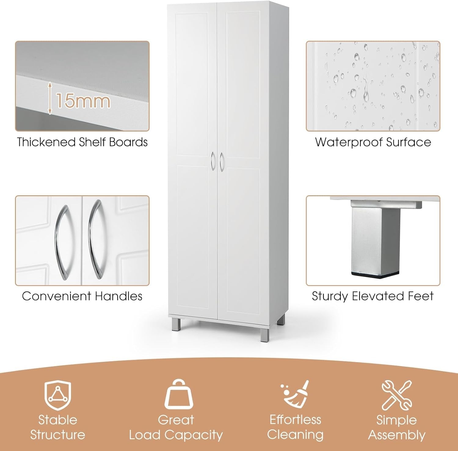 Tall White Storage Cabinet 2 Door Cupboard | Adjustable Shelves Freestanding Uni