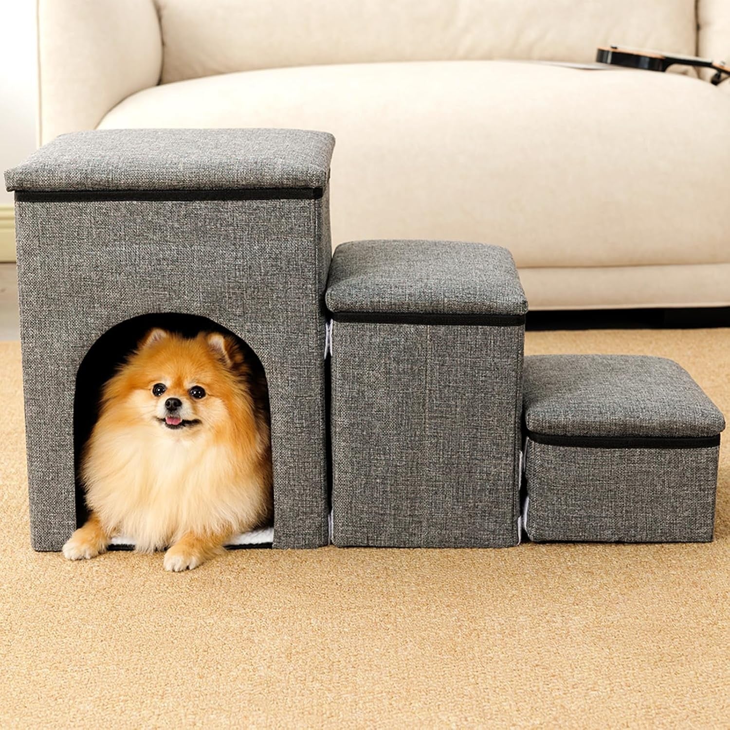Grey 3 in 1 Dog Stairs with Storage Pet Steps House 78x34x42cm