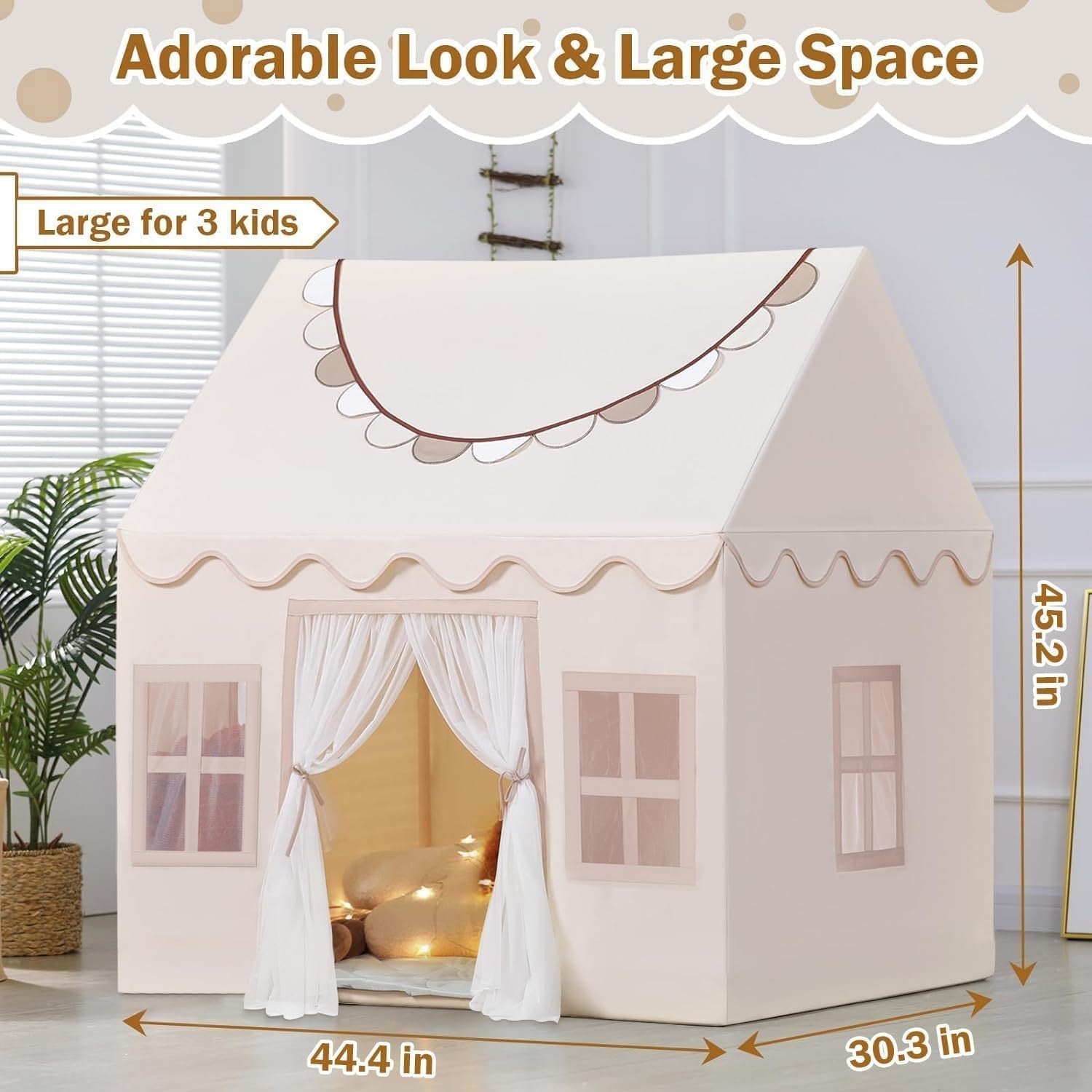 Kids Indoor Play Tent w Lights Banners Windows Large Toddler Playhouse
