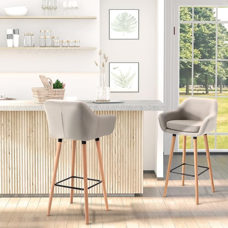 2x Beige Linen Bar Stools with Backrest Armrest Wood Legs for Kitchen