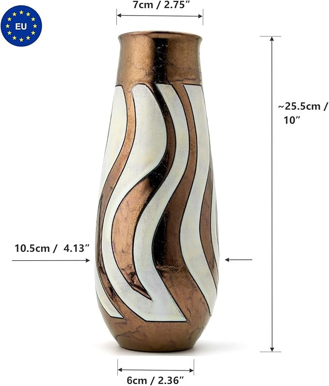 Handmade Ceramic Vase 25.5cm Tall Gold White Modern Flower Decor