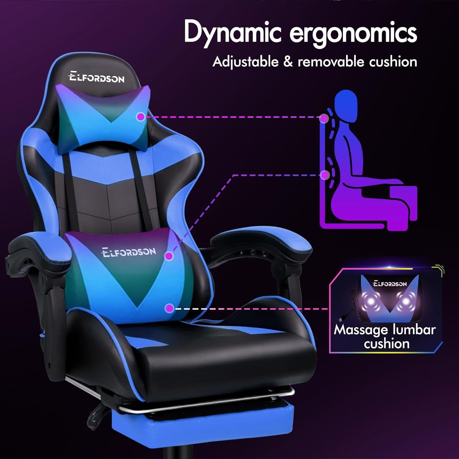 Blue Massage Gaming Chair Recliner w/ Footrest 150° Swivel PU
