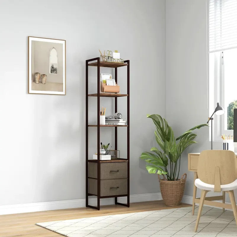 Slim Industrial Display Shelf with Drawers – Rustic Narrow Bookcase Unit