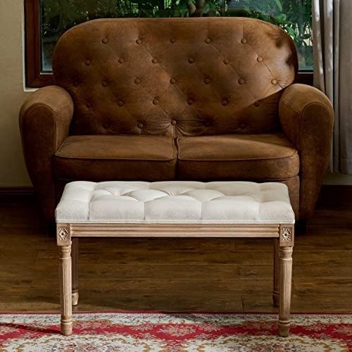 Vintage Upholstered Bench Tufted Seat 80cm Long Beige Entryway Dining