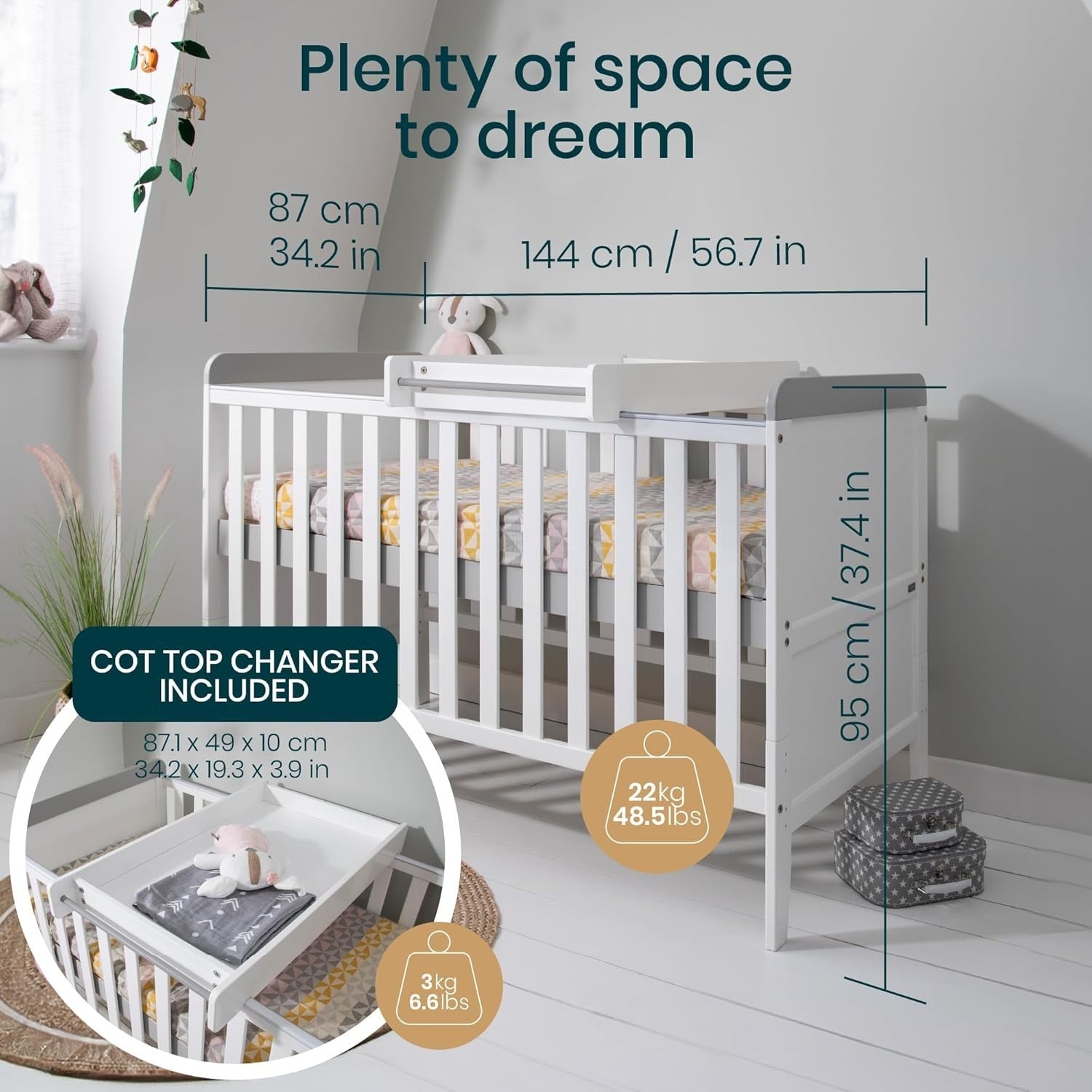 3in1 Mini Cot Bed Drawer Toddler Sofa Adjustable Height Wooden Frame White/Grey