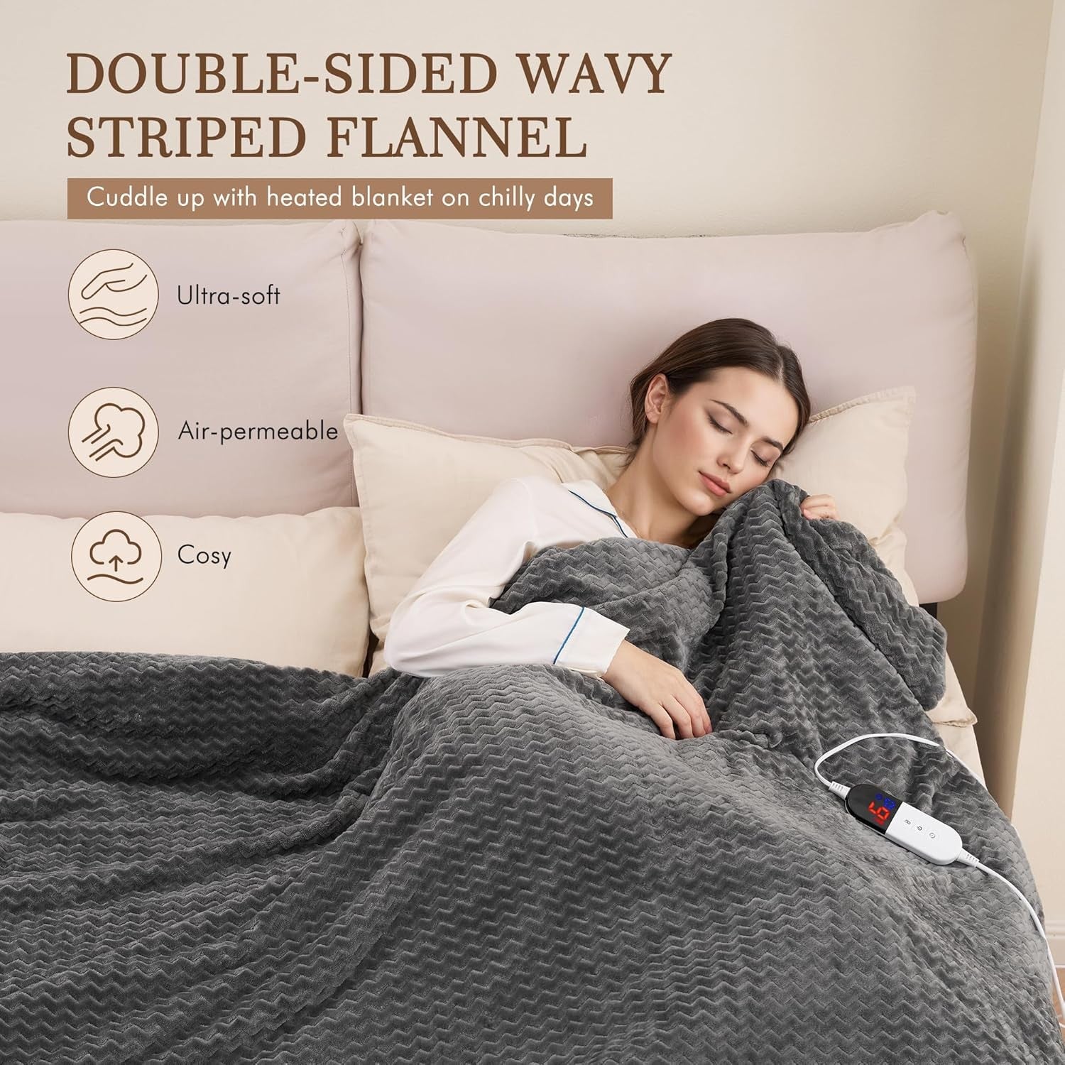Electric Heated Throw Blanket 6 Heat Settings Auto Off Washable 130x180cm