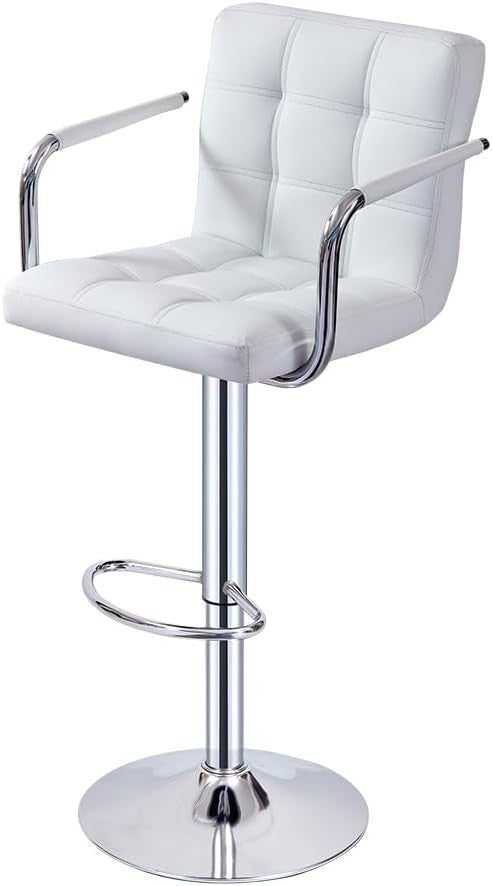 White Faux Leather Adjustable Swivel Bar Stool with Armrest