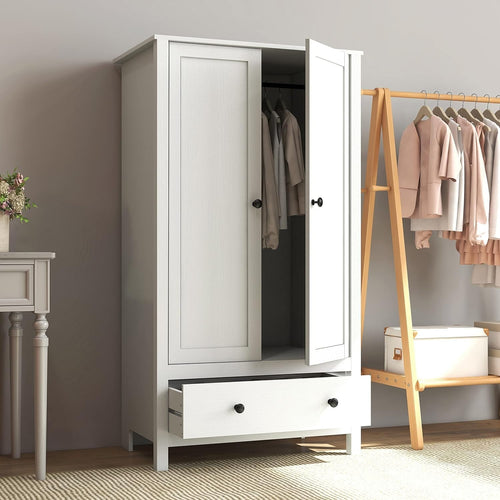 White 2 Door Wardrobe with Drawer Bedroom Storage Engineered Wood