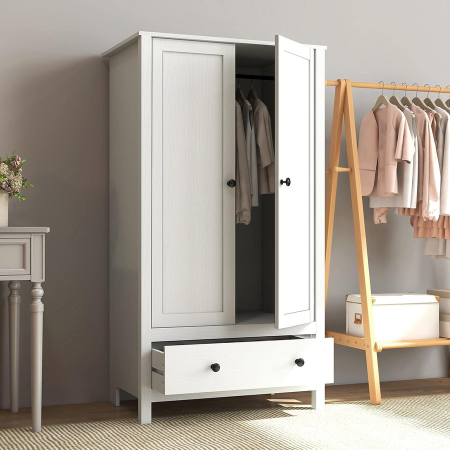 White 2 Door Wardrobe with Drawer Bedroom Storage Engineered Wood