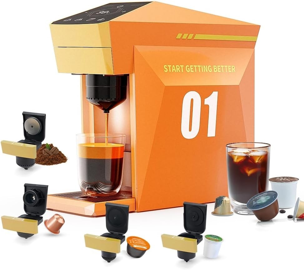 4in1 Pod Coffee Machine 19Bar Single Serve Fast Brew Multi Capsule System Orange