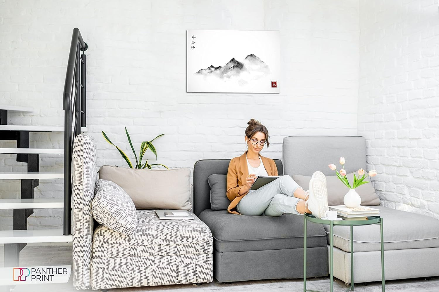 Japanese Ink Mountain Canvas Wall Art Black White Framed Zen Home Decor 91x61cm