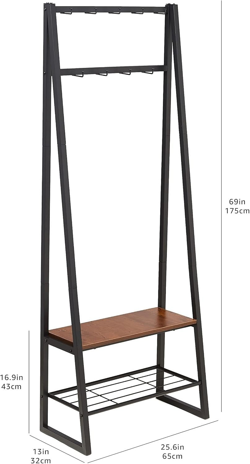 Black Coat Rack with 9 Hooks Shoe Bench & 2-Tier Storage 70x33x175cm