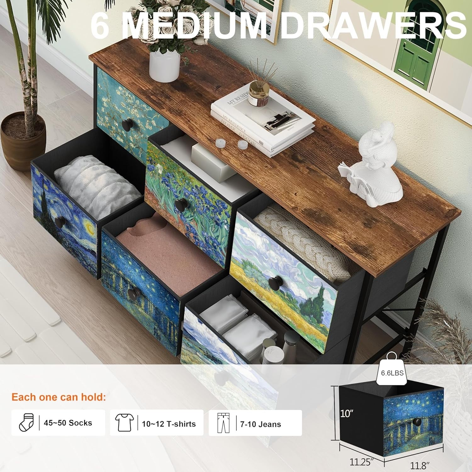 Van Gogh Style Dresser 6 Drawers Chest Storage Unit for Bedroom