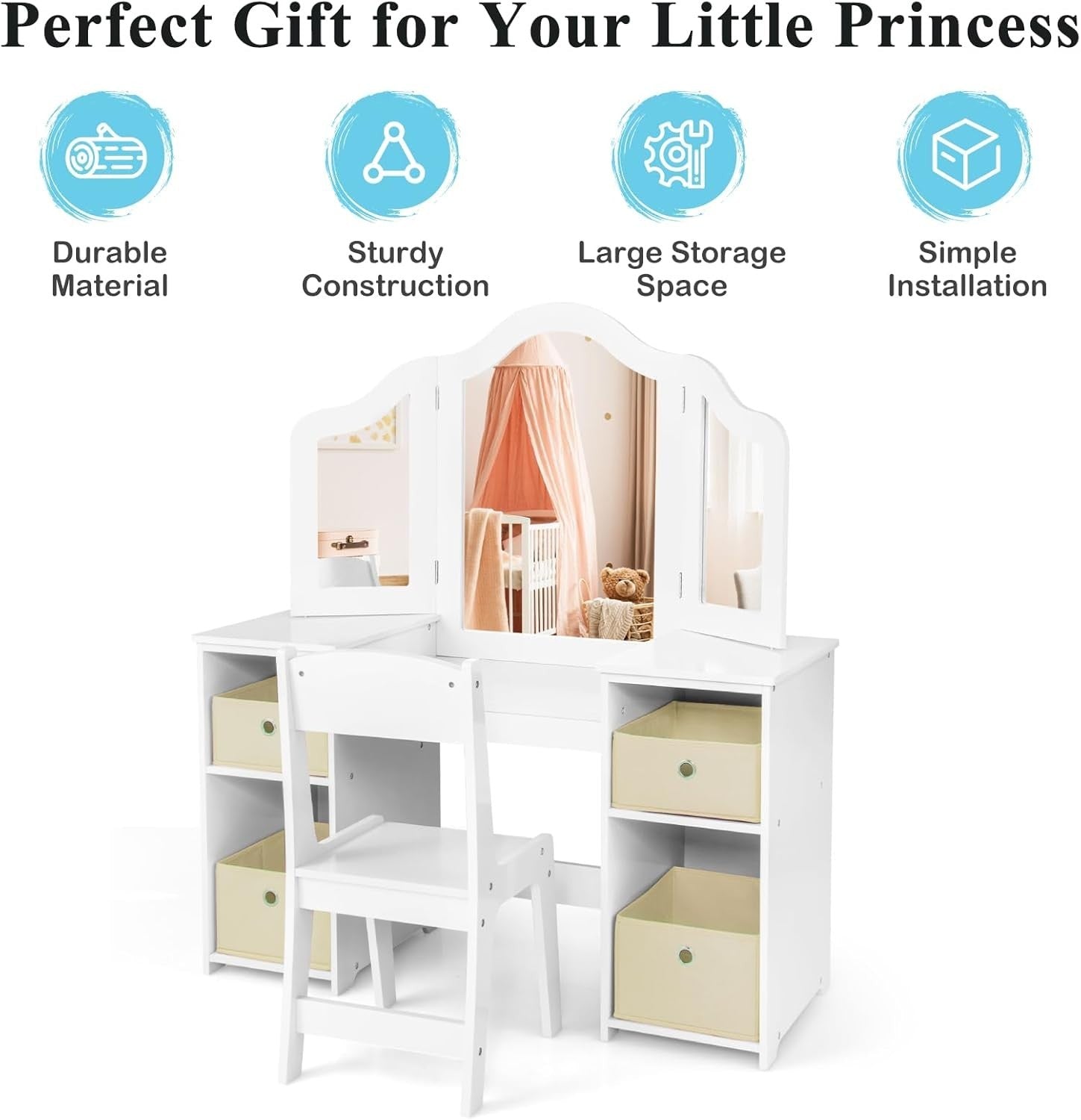 Kids Vanity Table with Tri-Fold Mirror & Storage Bins, White Wooden Set