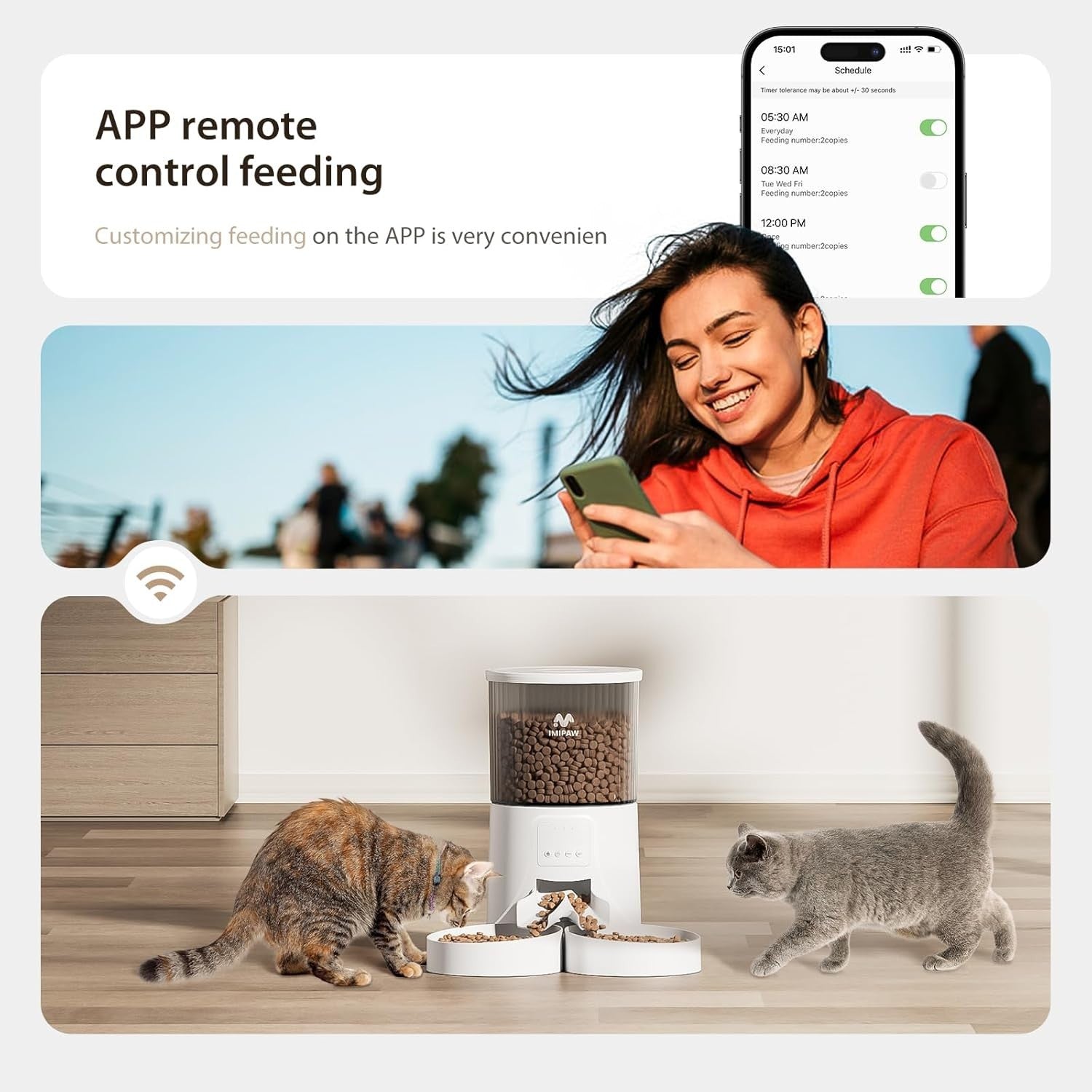 Dual Bowl Automatic Cat Feeder WiFi App Control 4L Timed Food Dispenser