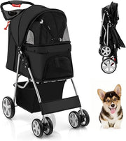 Pet Stroller Folding 4 Wheel Dog Cat Pushchair Travel Carrier with Safety Belt