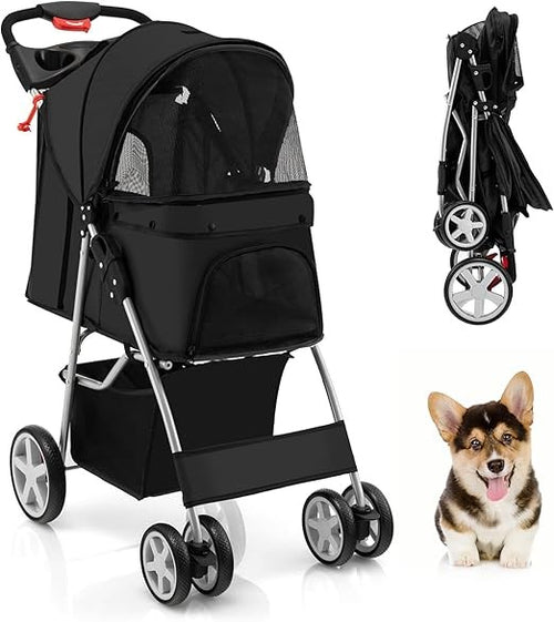 Pet Stroller Folding 4 Wheel Dog Cat Pushchair Travel Carrier with Safety Belt