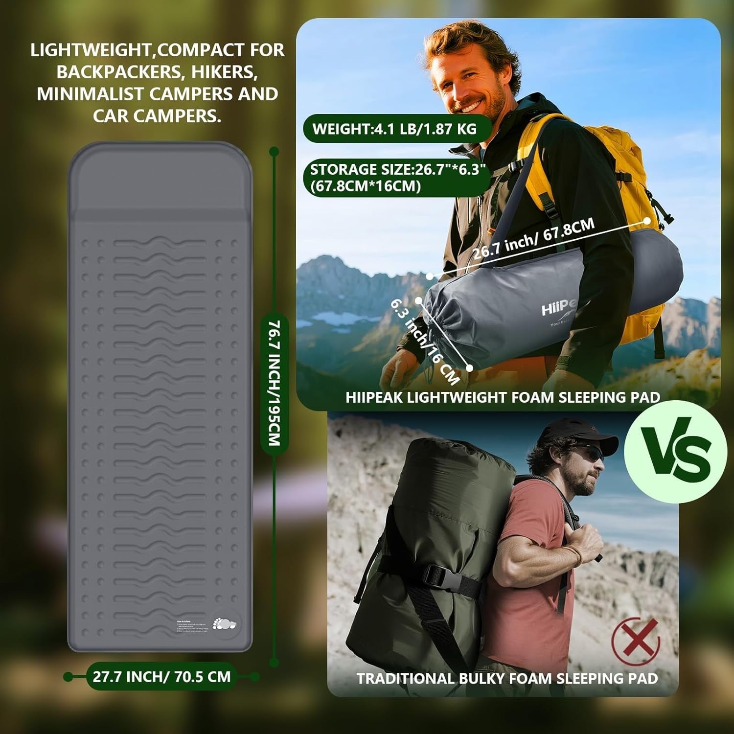 Memory Foam Sleeping Pad 195x70.5x7.6cm Inflatable Camping Mat