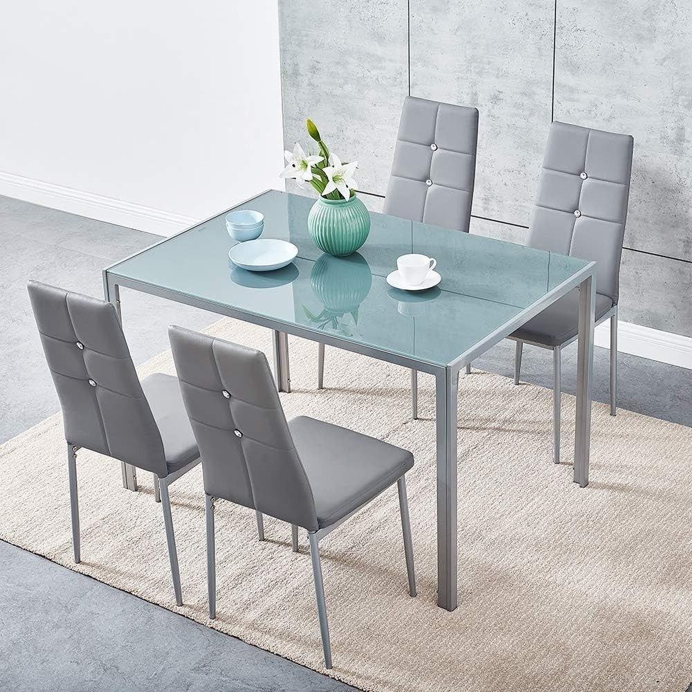 Modern Grey Glass Dining Table with 4 Faux Leather Chairs – 120CM, Durable