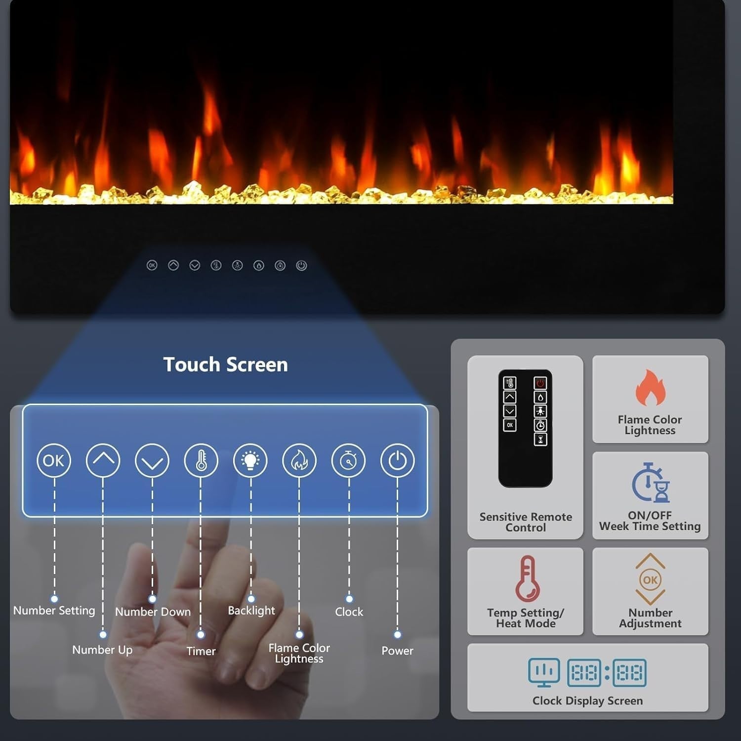 102cm Electric Wall Mounted Fireplace Insert with 10 LED Flames & Remote
