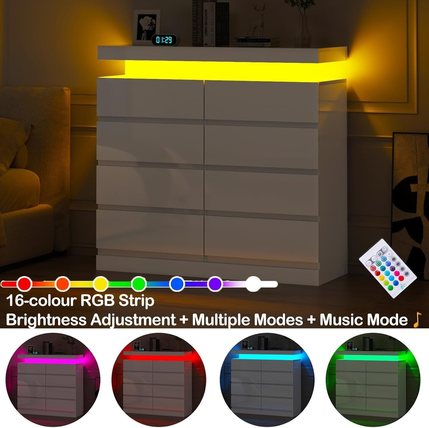 White High Gloss 8 Drawer Chest LED Light Modern Storage Cabinet
