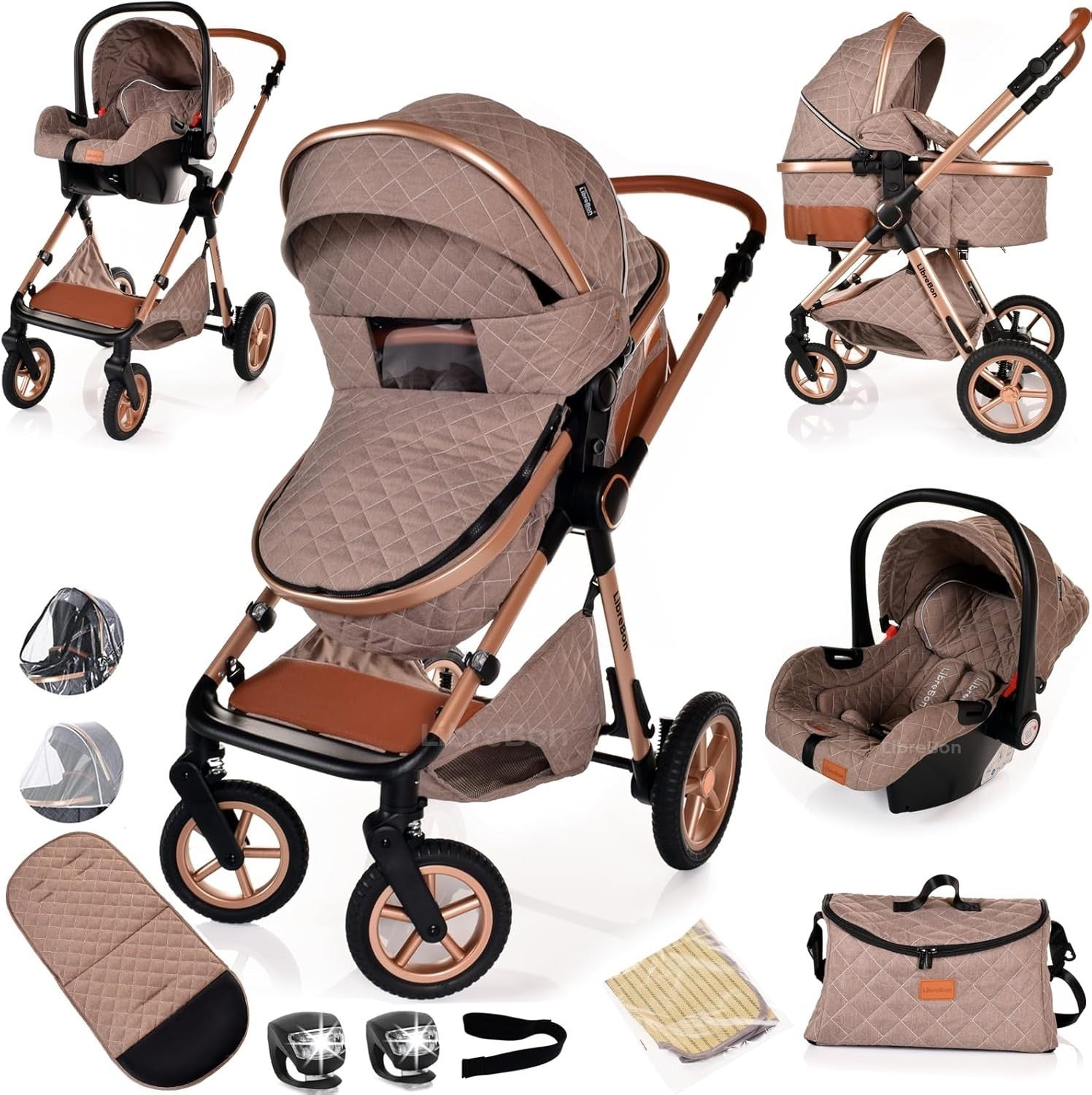 3in1 Baby Pram Travel System Pushchair Car Seat Foldable Beige