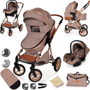 3in1 Baby Pram Travel System Pushchair Car Seat Foldable Beige