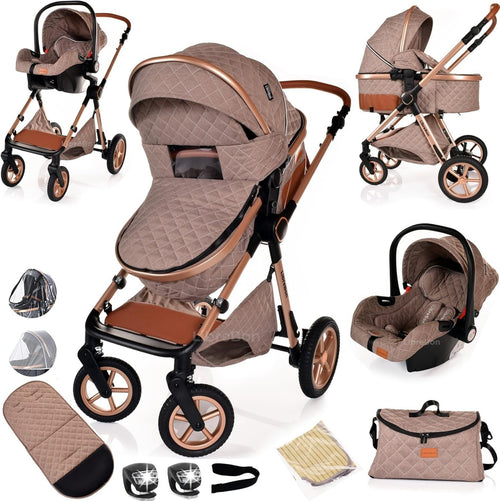 3in1 Baby Pram Travel System Pushchair Car Seat Foldable Beige