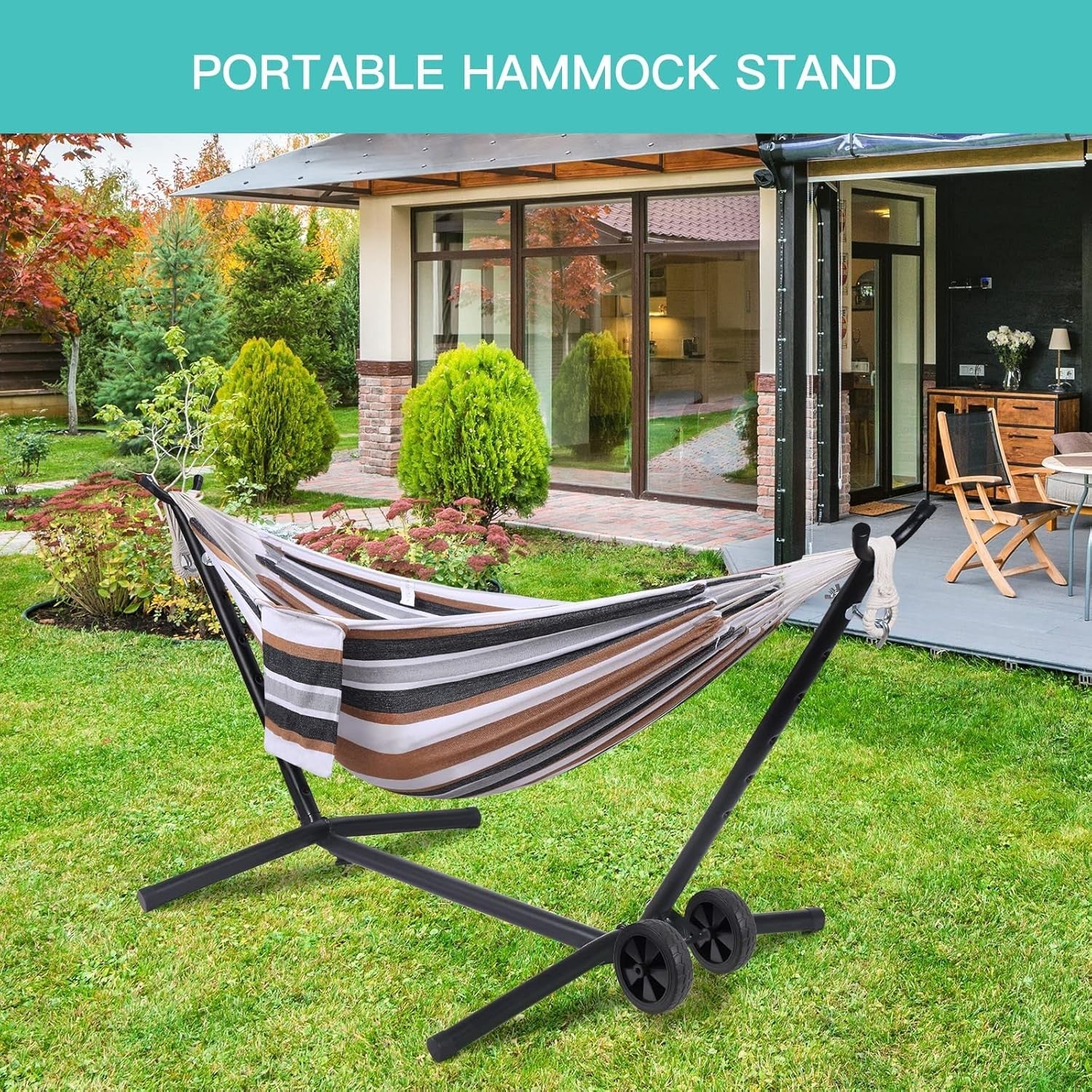 Double Hammock with Stand & Wheels | 2 Person 450lb Capacity | Outdoor Bed