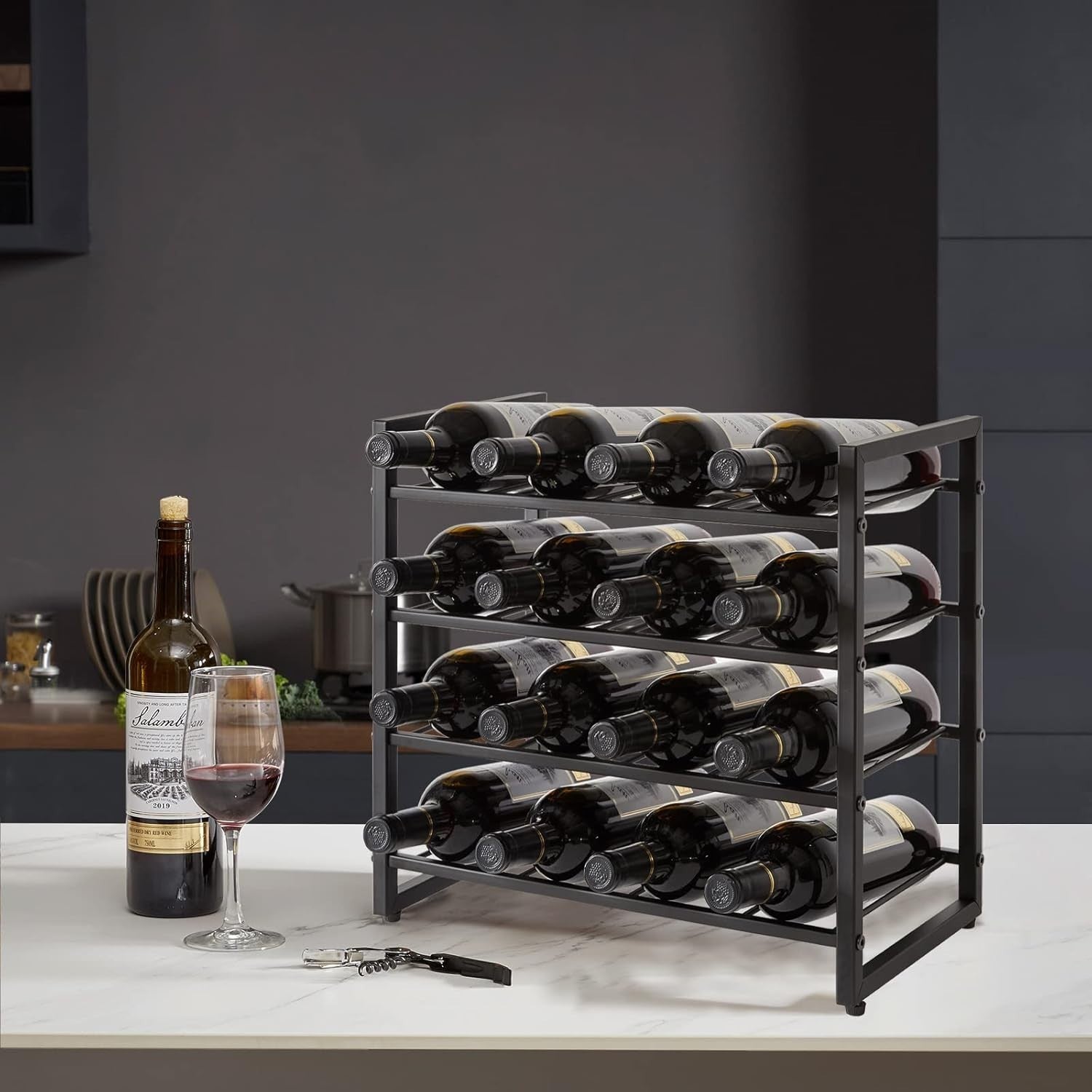 Wine Rack 16 Bottle 4 Tier Metal Freestanding Countertop Storage Shelf Black