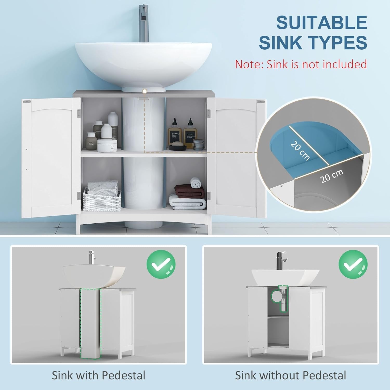 White Under Sink Bathroom Cabinet with Adjustable Shelves & Double Doors