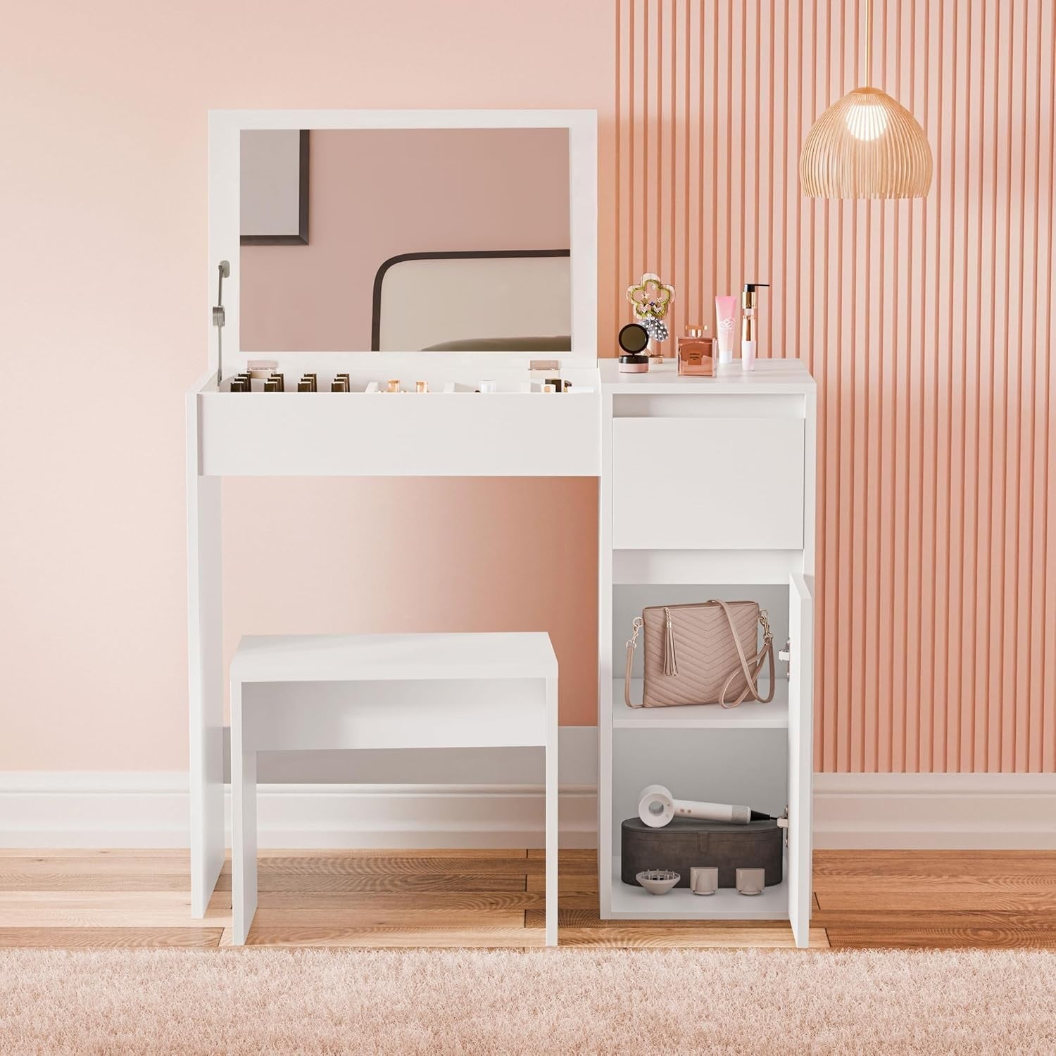 2-in-1 White Vanity Dressing Table Desk with Flip Mirror, Hidden Storage, Stool