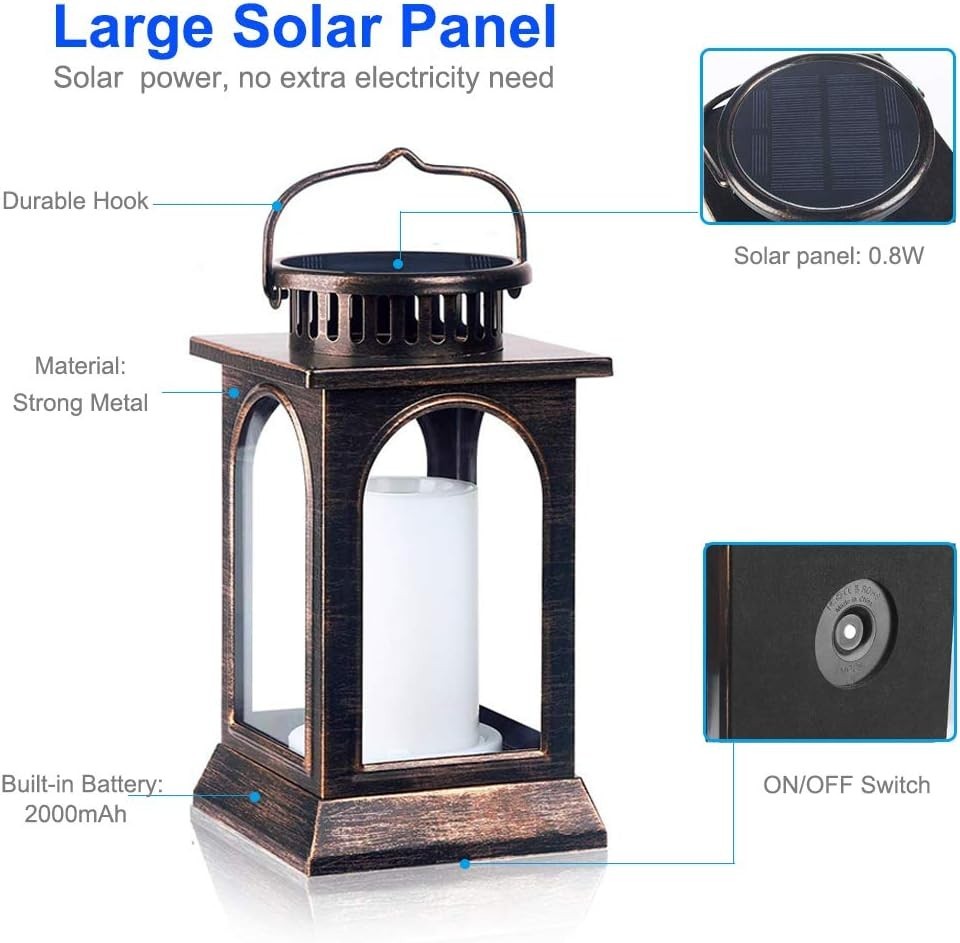 2 Pack Solar Flame Lanterns, Outdoor Waterproof Flickering LED Hanging, Bronze