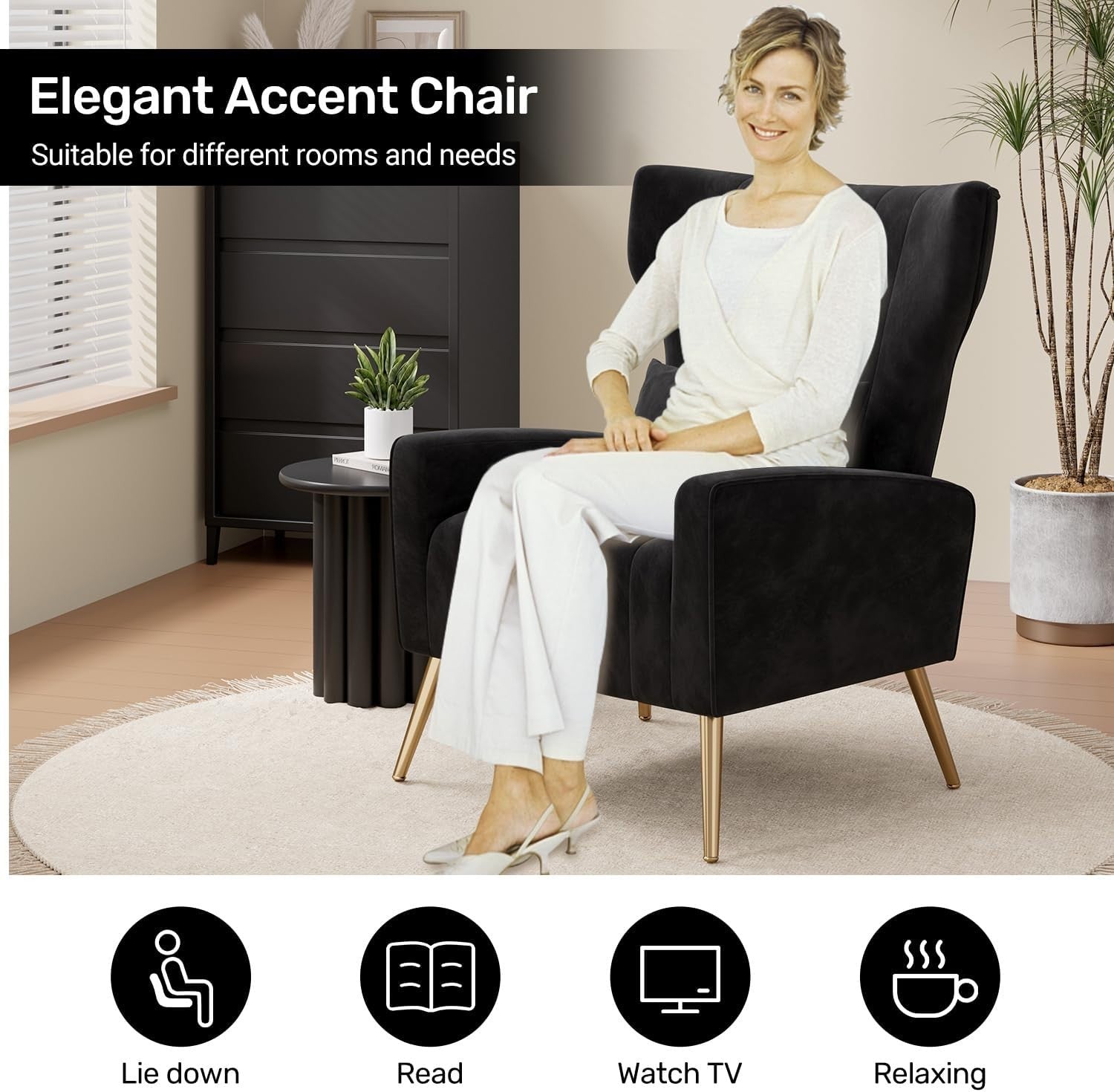 2x Black Velvet Recliner Armchairs Gold Legs Lounge Chairs Modern Set