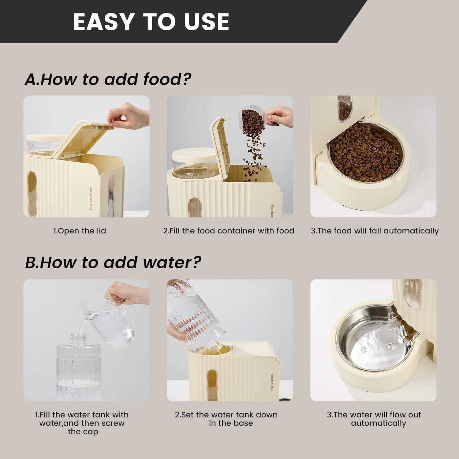 2 in 1 Gravity Pet Feeder Water Dispenser 3L Auto Food Station Beige