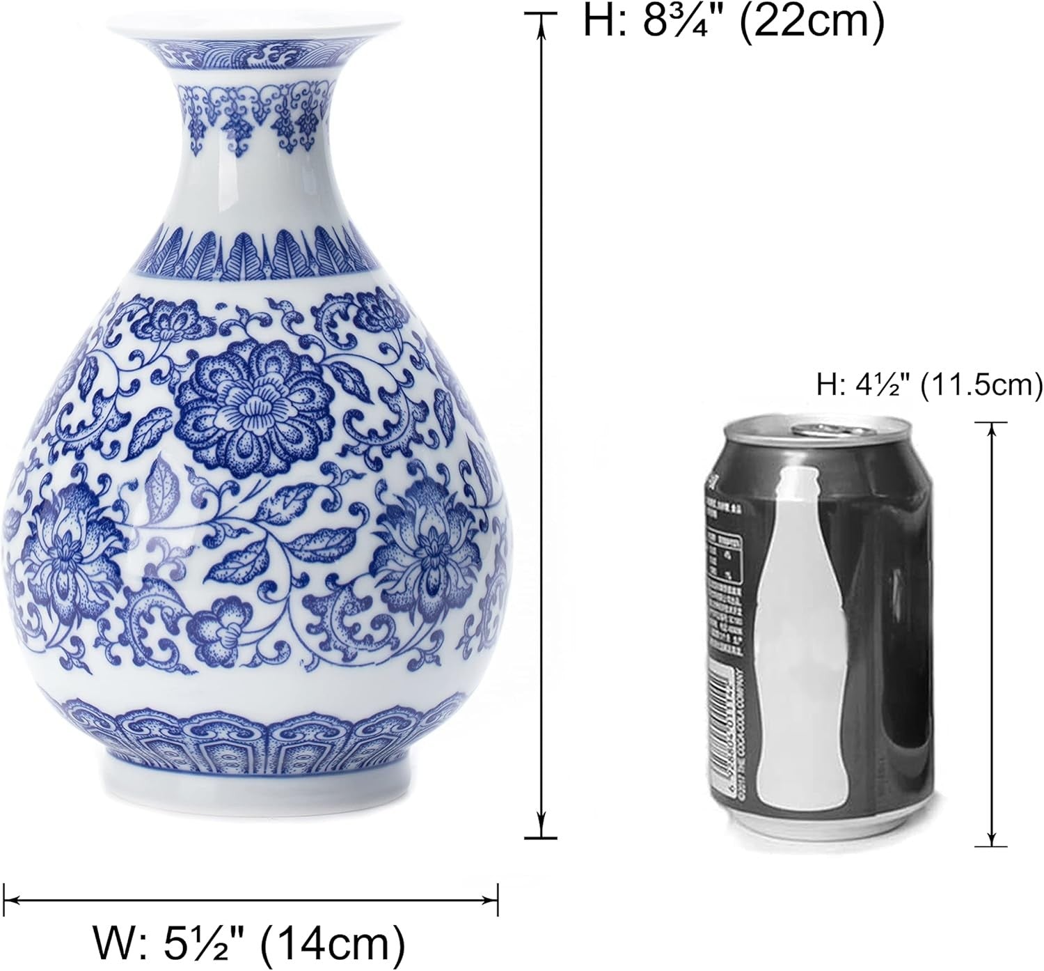 Blue White Chinoiserie Ceramic Vase 8in Glossy Floral Table Centerpiece