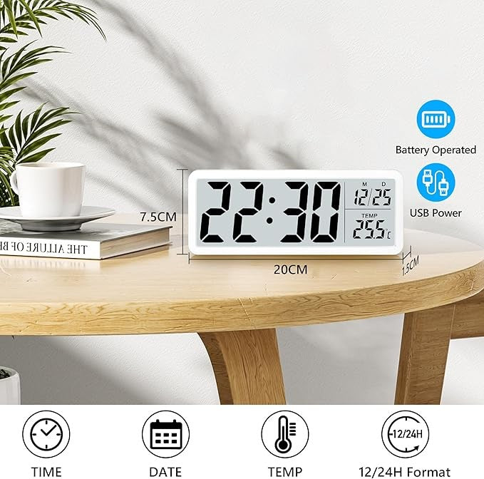 Large Digital Wall Clock Big Display Temp Date 12/24Hr Battery Powered Home