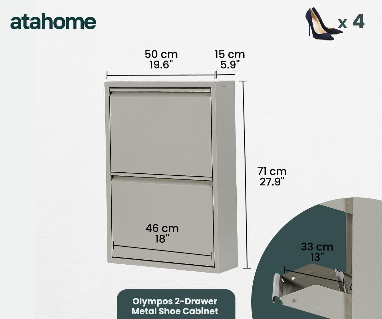 Slim Wall Mounted 2 Drawer Metal Shoe Cabinet Space Saving Organizer Grey