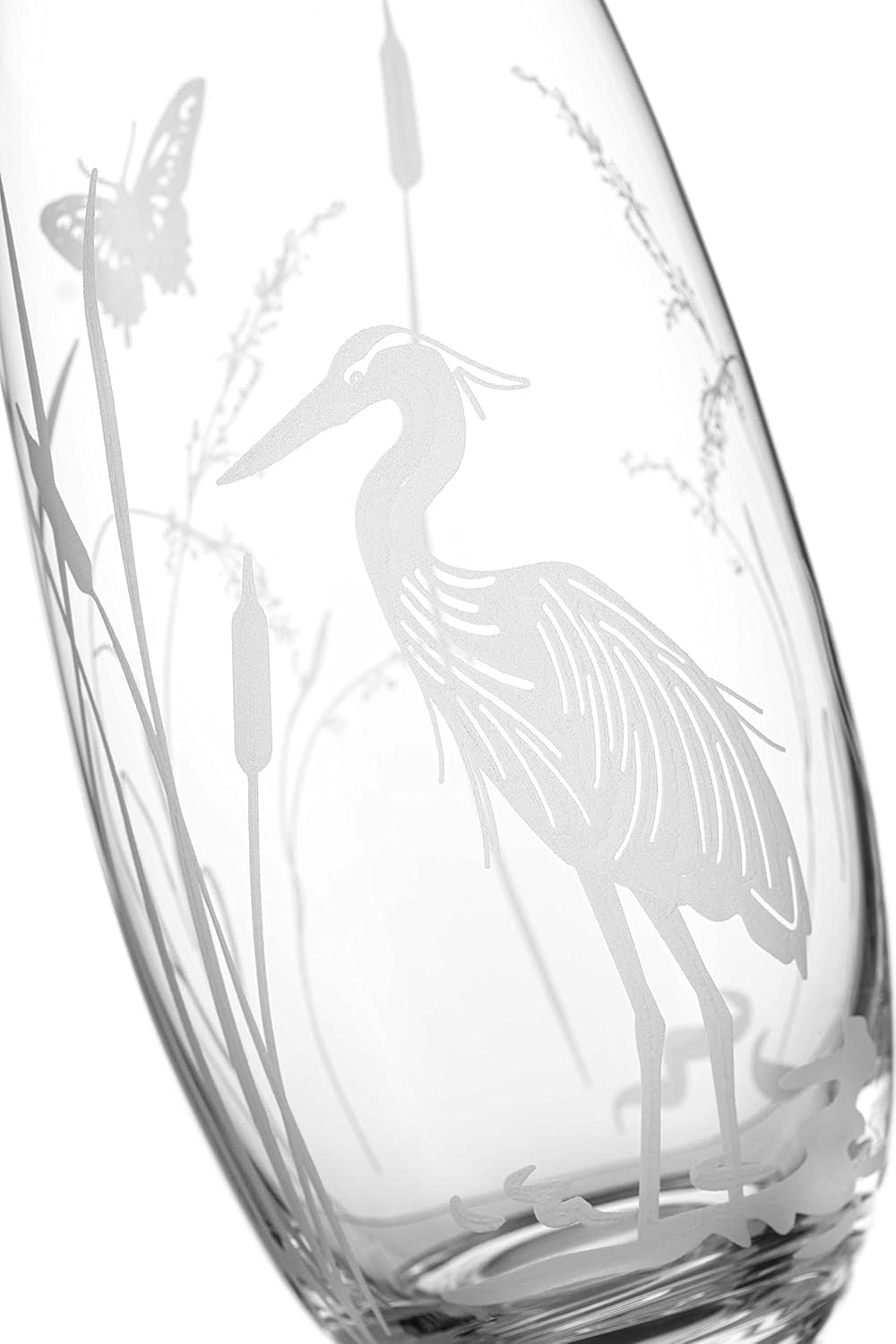 Crystal Glass Flower Vase 25cm Tall Etched Heron Bird Modern Home Décor