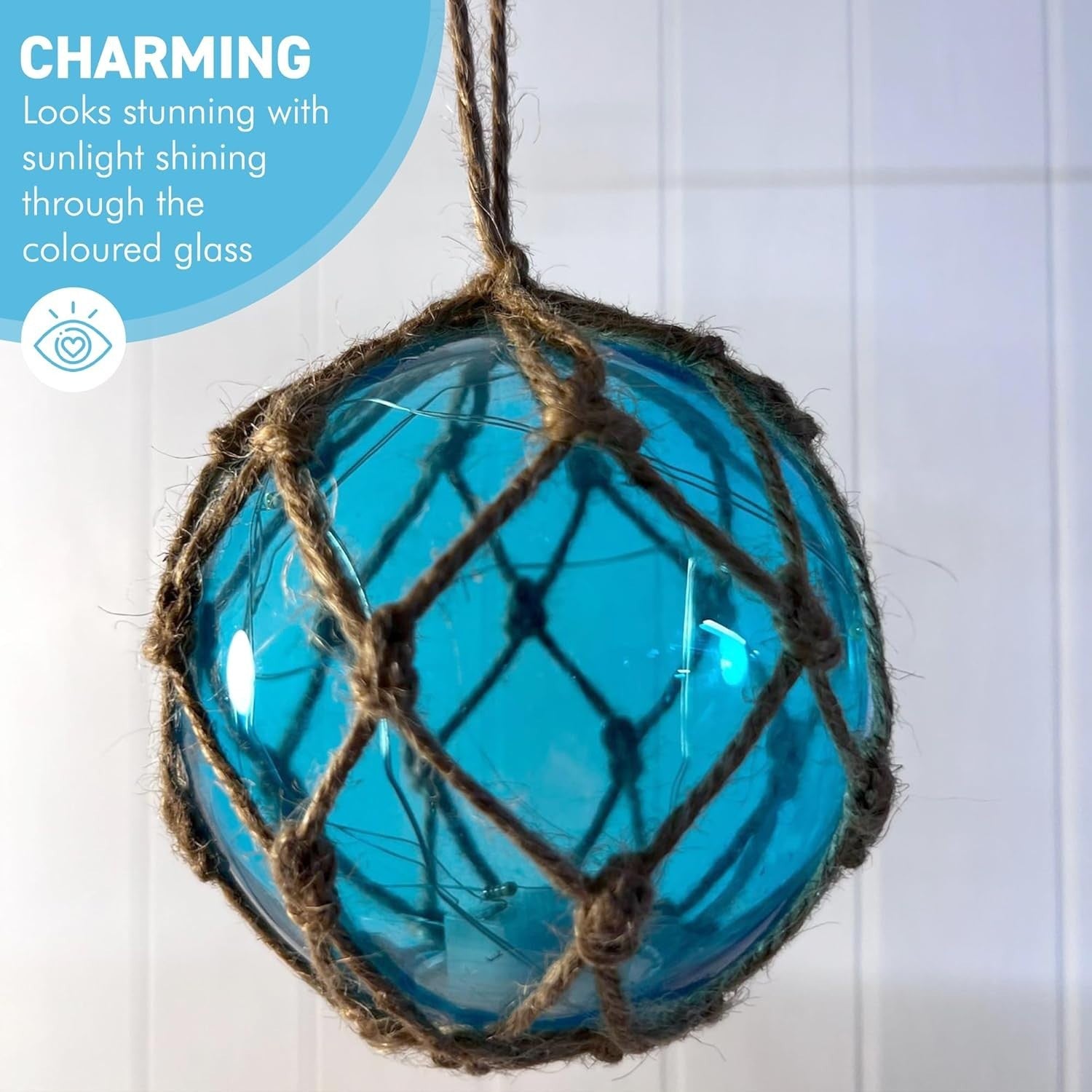 Turquoise Glass Fishing Buoy Light LED Nautical Decor Hanging Rope Beach Lamp